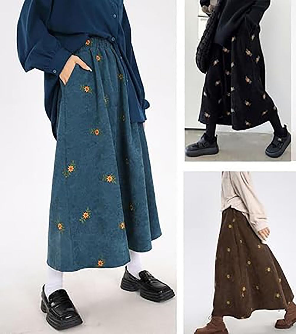 Gonne Lunghe da Donna in Velluto a Coste con Ricami Floreali, Gonna Midi Lunga in Velluto a Coste con Tasche, con Tasche gonne Invernali