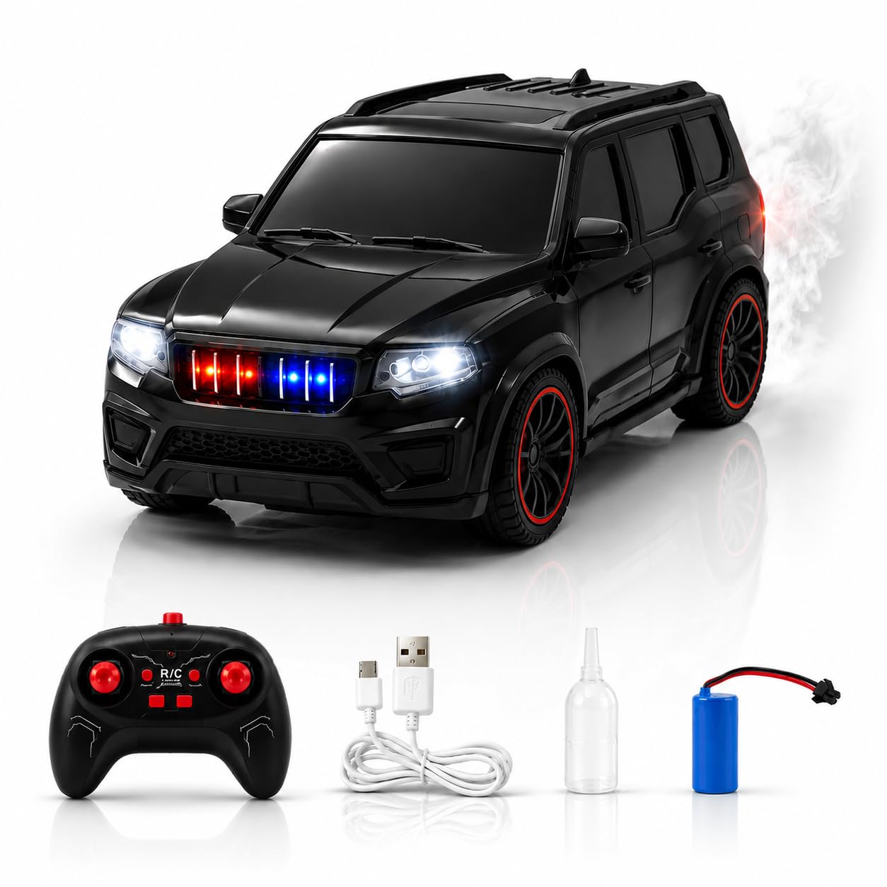 The Flyers Bay 1:18 Scale Remote Control SUV Car for Kids, Black | Long Range 2.4G Remote, Rechargeable Battery, Spray Mist Effect, Police Lights & Siren & Music, Auto Mode-image-23