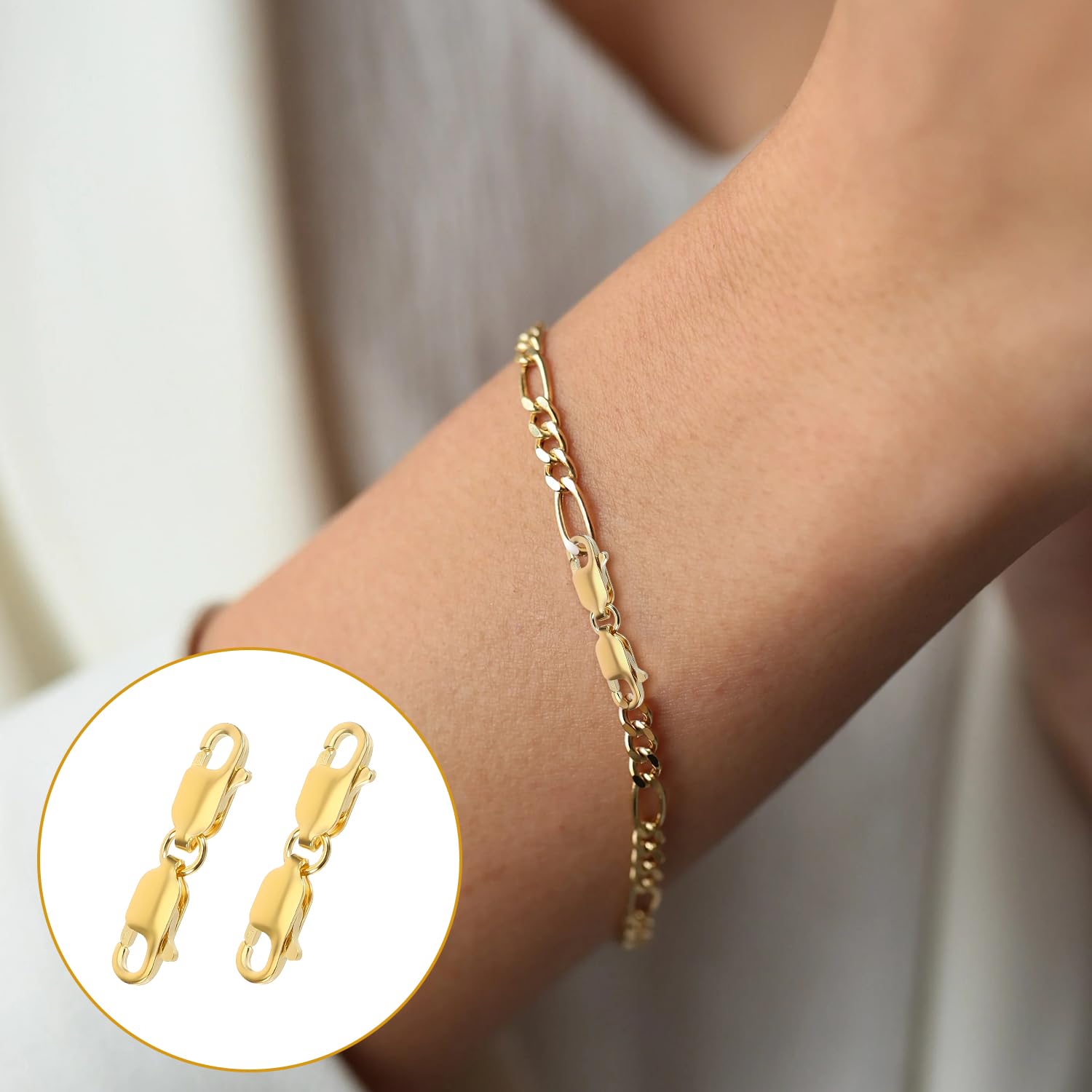 2 chiusure a moschettone doppie, chiusure a moschettone per bracciali, chiusura per gioielli, doppia chiusura per collana, in argento Sterling placcato oro 14 carati, connettore di estensione per la