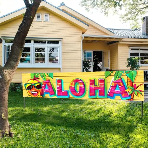 Image of Aloha Tropical Party Banner 78.7 x 17.7 Inch Colorful Letters with Pineapple Palm and Sunglasses Design Summer Luau Decoration for Yard Garden Wall or Indoor Celebration Display