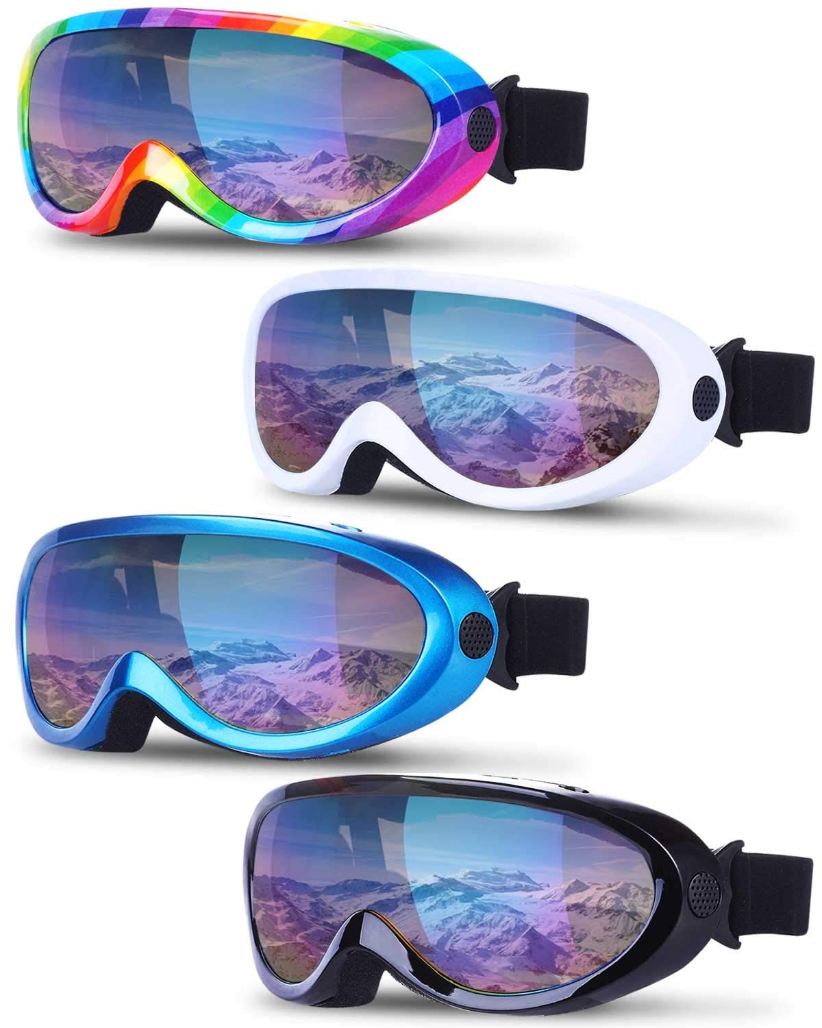 KASTWAVE 4 Pack Snowboard Goggles Anti-fog, Ski Anti Fog Glare Adjustable Strap Snow Goggles, Snow Sport PC HD Len for Men Women Kids Youth Winter Outdoor Skiing, Snowboarding, Skating, Motorcycling