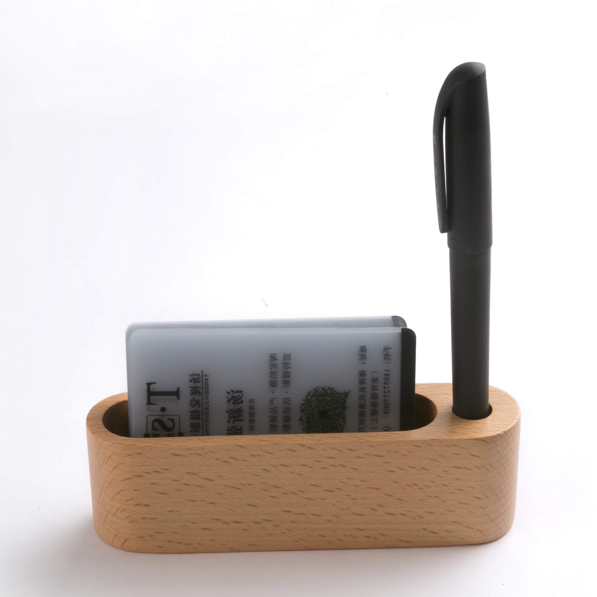 Top-Tech Upgraded punched black walnut/beech business card case with pen holder (beech)/Wood Business Card Holder Wooden Business Card Stand