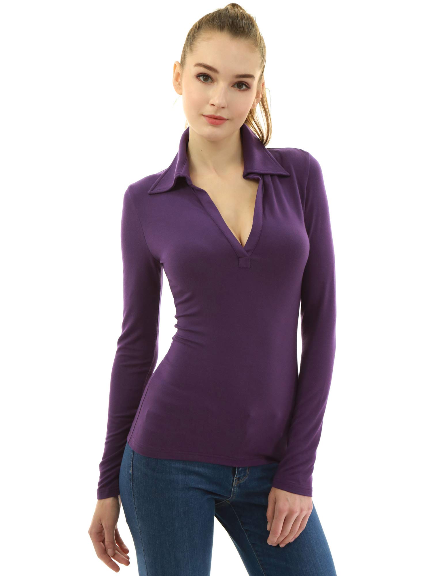 AmélieBoutik Women Collar V Neck Long Sleeve Polo Shirt (Purple Medium 12)