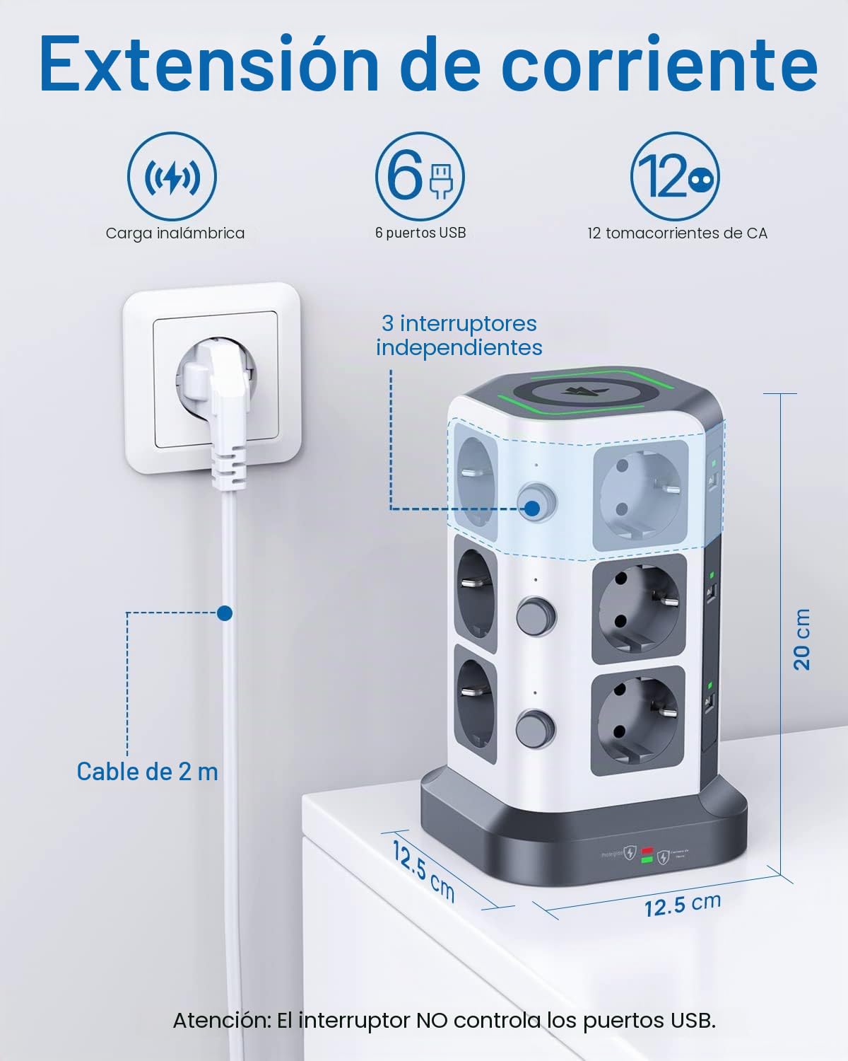 KOOSLA Regleta con Carga Inalámbrica, 12 Enchufes, 2M, Gris | 12 Enchufes, Cargador Inalámbrico 15W, 6 USB, Protección 1500J, Cable 2M, Oficina, Cocina