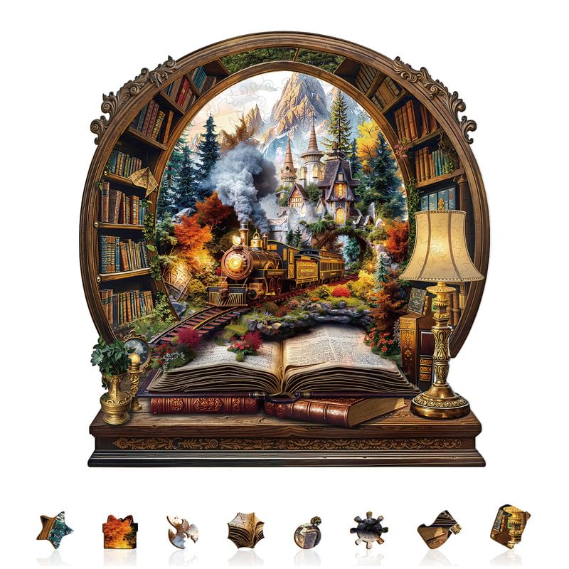 Jigfoxy Wooden Puzzles for Adults, 280-Piece The Train in The Book Jigsaw Puzzle, Unique Animal-Shaped Jigsaw Puzzle for Adults and Teens, Creative Gift with Premium Wooden Box,13.4 * 12.6in — image 1