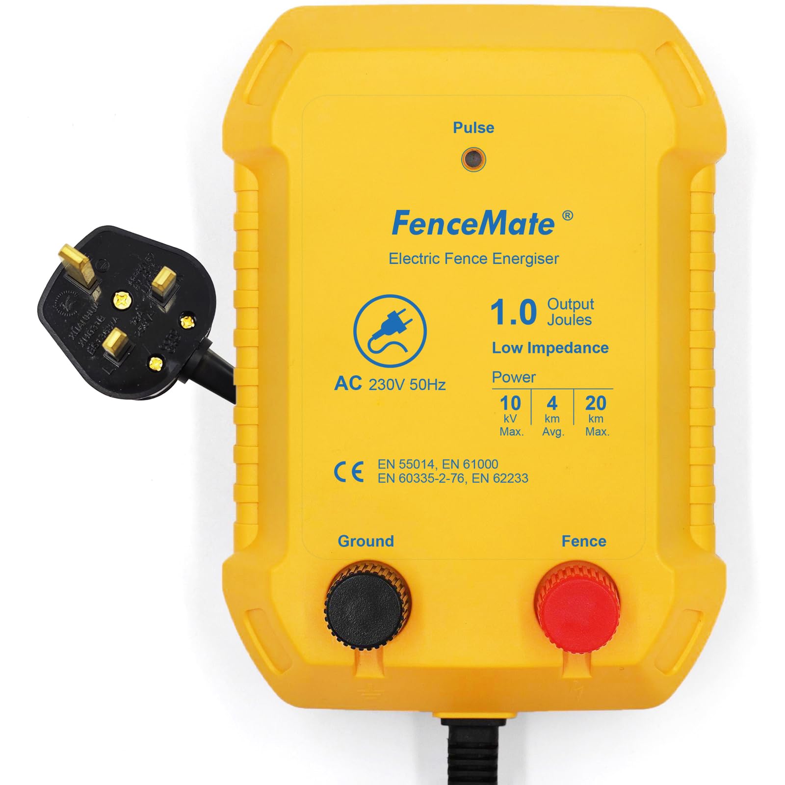 FenceMate Energizador eléctrico de valla de salida de 230 V, 1 julio, baja impedancia para promedio, 4 km hasta 20 km, cargador de valla para proteger el ganado y las aves de corral, esgrima para