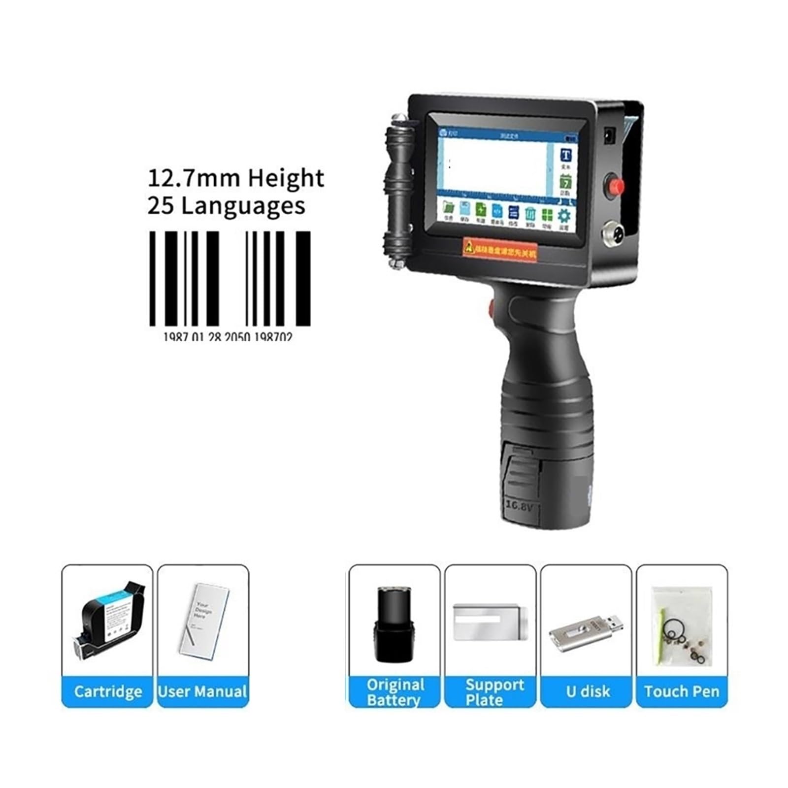 Stampante a getto d'inchiostro portatile, Stampante a getto d'inchiostro portatile intelligente for codice QR a barre batch con numero di serie, stampante termica da 12,7 mm(With 3 black inks)