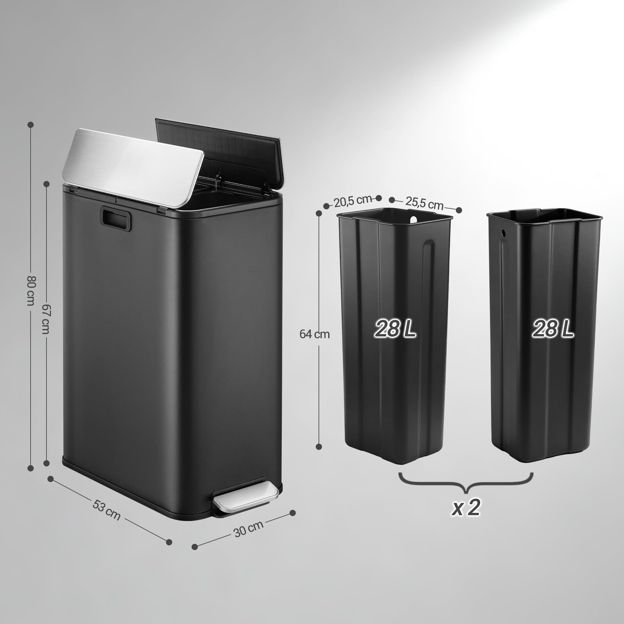 Hzuaneri Poubelle de Cuisine, Poubelle Double Compartiment Étroite de 2 x 28 Litres, Système de tri des Déchets de Cuisine, Livrée avec 15 sacs Poubelle adaptés, Noir SW22899B