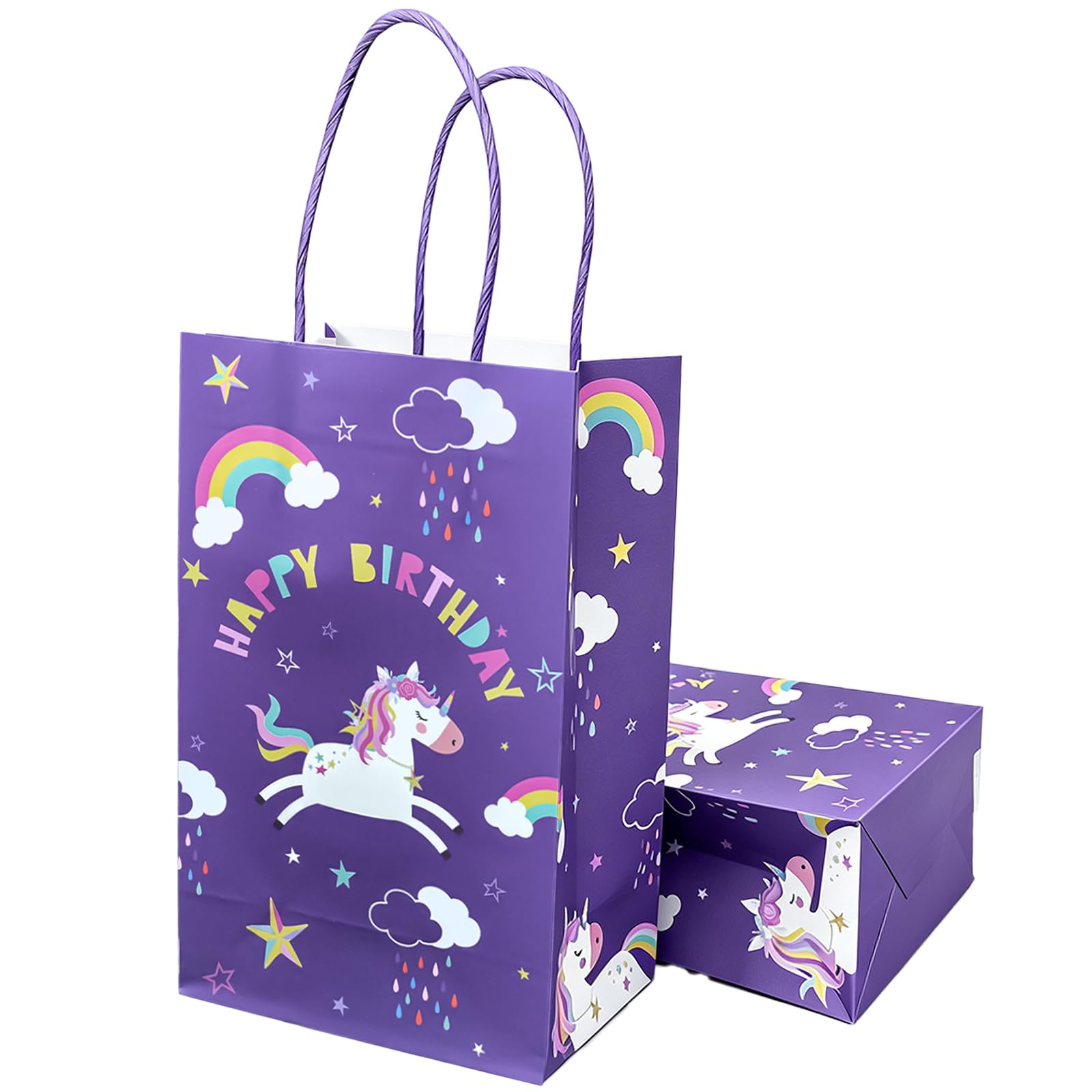 Unicorn Birthday Paper Bags Pack 0f 24 Purple Small Gift Bags with Handle, 23 x 14 x 7.5 cm