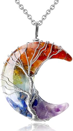 Miniatura 2 de Collar de cristal curativo de 7 chakras, árbol de la vida, envuelto en alambre con piedras de chakra de luna creciente y collares con colgante de