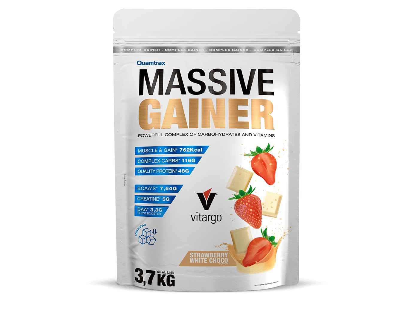 Quamtrax Nutrition - Massive Gainer Premium (Ganador de Masa Muscular) - 3,​7 kg - Sabor Fresa y Chocolate Blanco - Ganancia muscular, alto contenido calórico y recuperación