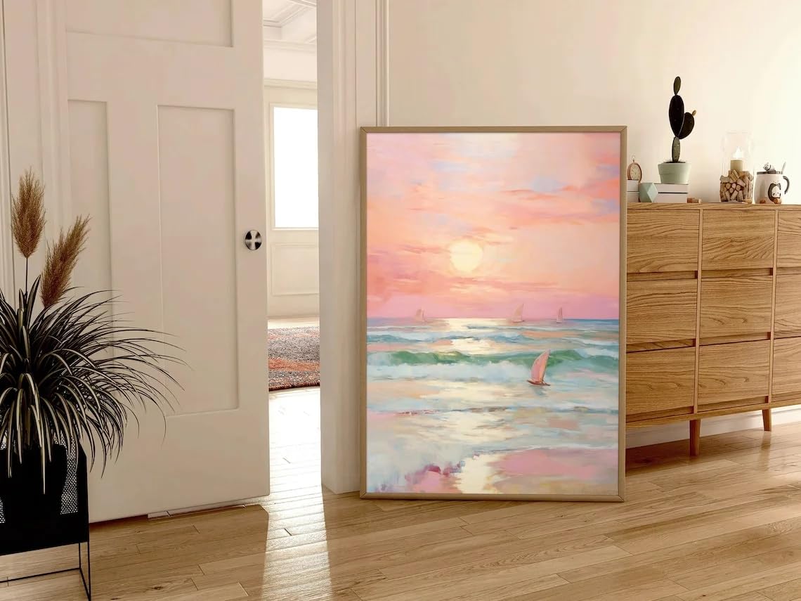 Póster de lienzo con diseño de atardecer en tonos pastel, rosa rubor, playa costera, océano, arte mural bohemio para sala de estar, decoración moderna para el hogar (50x70cm/marco interno)