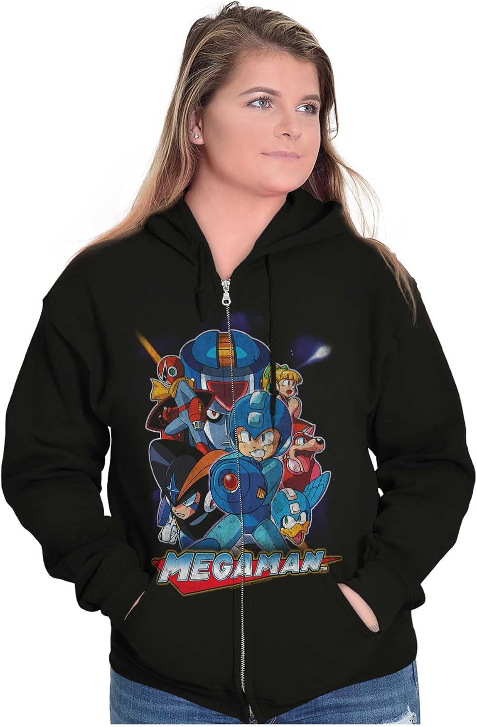 Brisco Brands Mega Man Characters Retro 1990s Gamer Zip Up Hoodie Mens Womens