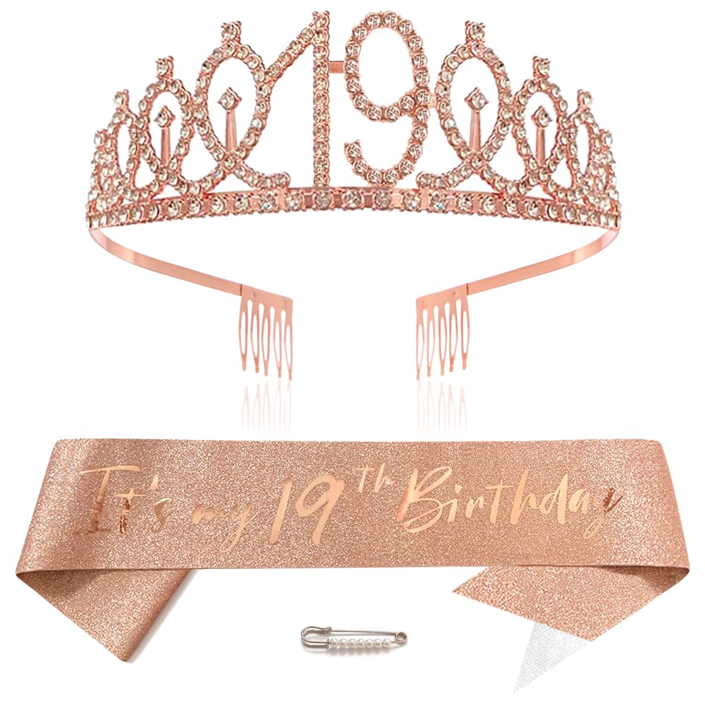 Rose Gold 19th Birthday Tiara Sash for Girls Princess Crown Crystal Queen Tiara Birthday Headbands Happy Birthday Decorations Birthday Sash Tiara Kit Girl Birthday Clothing Accessories Party Supplies