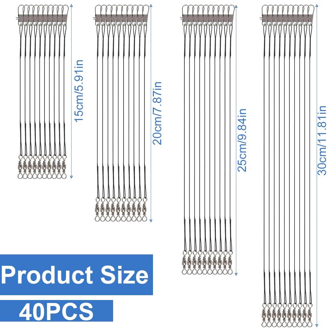 Bas de Ligne Acier Brochet 40PCS 15/20/25/30 cm, Bas de Ligne Carnassier Câbles de Pêche en Acier Inoxydable
