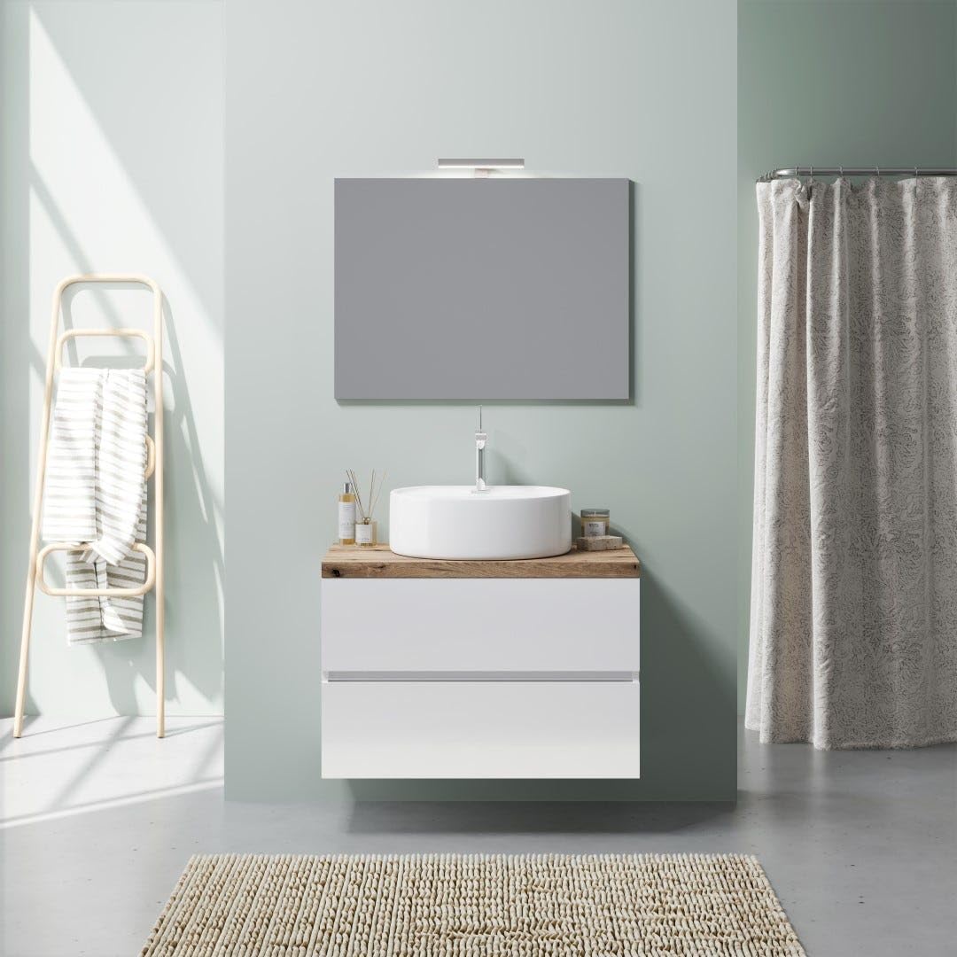 Kiamami Valentina - Mobile Bagno Sospeso 80Cm Bianco Lucido, Lavabo, Specchio 80X60 | Elba
