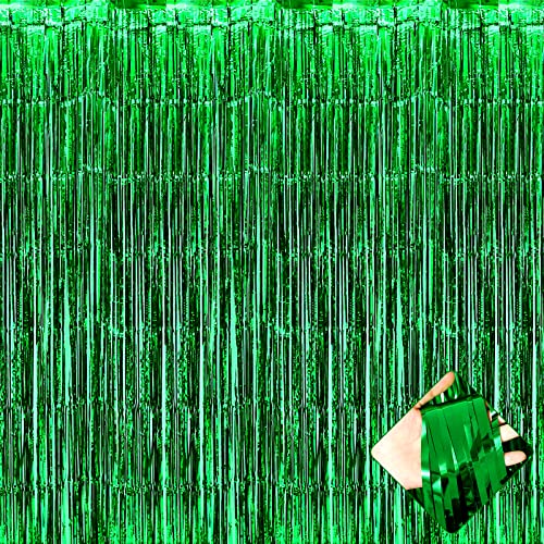4 Pack 3.2Ft x 8.2Ft Green Foil Fringe Curtain Backdrop, Metallic...