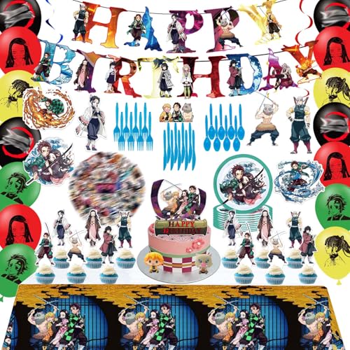 139 PCS Anime Party Decorations Set with Banner Balloons Hanging Swirl Stickers Tablecloth Tableware for Adult Theme Party Supplies