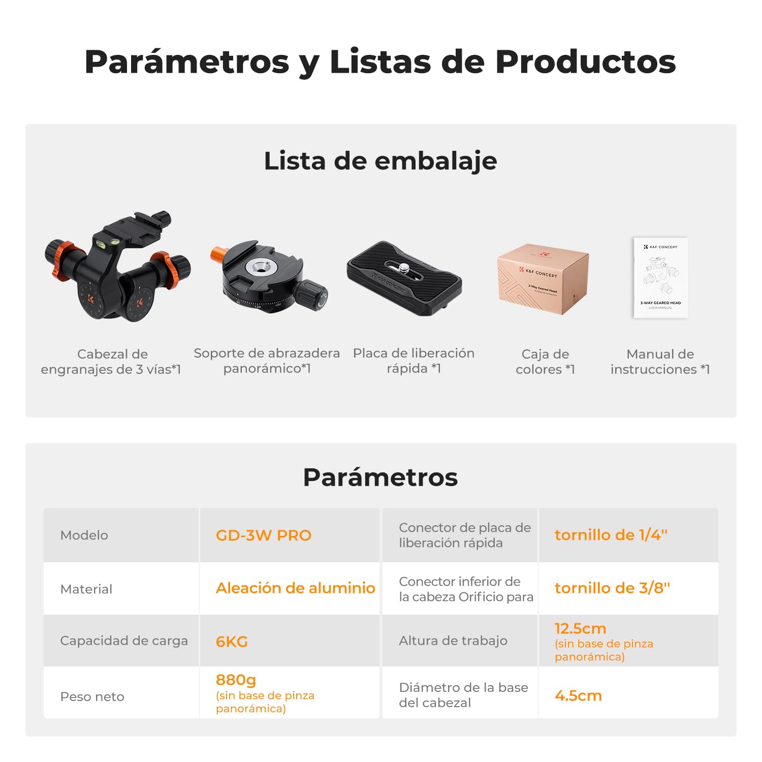 K&F CONCEPT Cabezal de Trípode con Engranaje, Cabeza Esférica Panorámica de 360° con Placa de Liberación Rápida, GD-3W Geared Tripod Head, Cabezal de 3 Vías para Trípodes Carga de 5kg