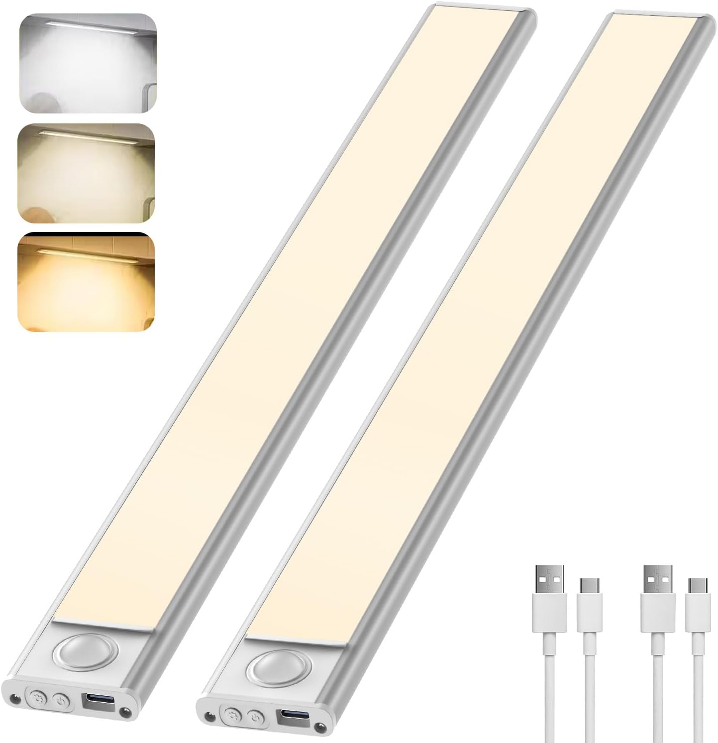 LUTW Lampe LED Sous Meuble Rechargeable - Détecteur De Mouvement, 20 Cm - Magnétique Et Adhésif, 3 Couleurs, Gradation - Portée 3 M, Angle 120° - Lot De 2