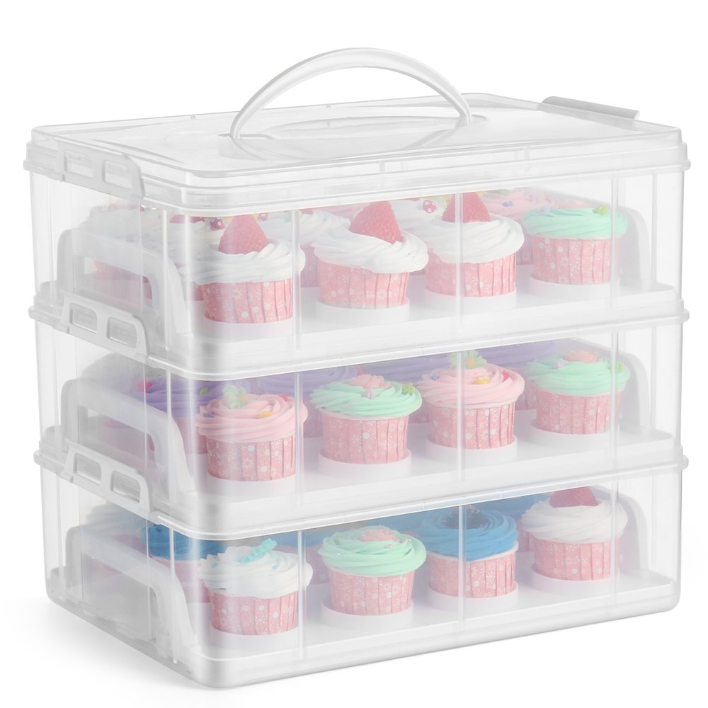 Flexzion 36 Cupcake Carrier 3 Tier Stackable Storage Container Collapsible Cake Carrier with Lid and Handle, Reusable Rectangular Plastic Dessert Travel Container, Display Holder Transport Box (Clear)