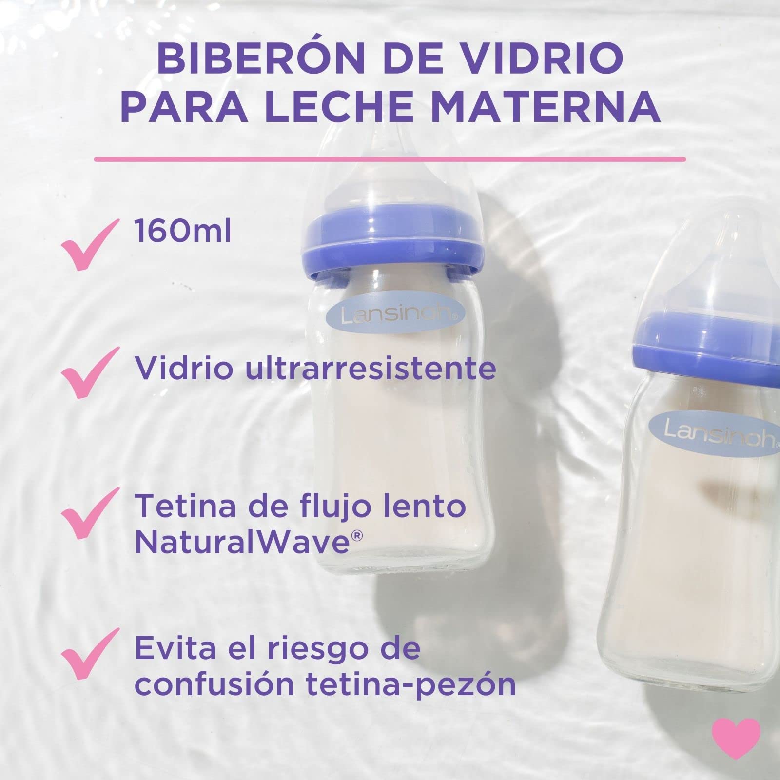 Biberón de Cristal para Leche Materna con tetina simuladora del pezón de flujo lento, 160 ml / 1 ud