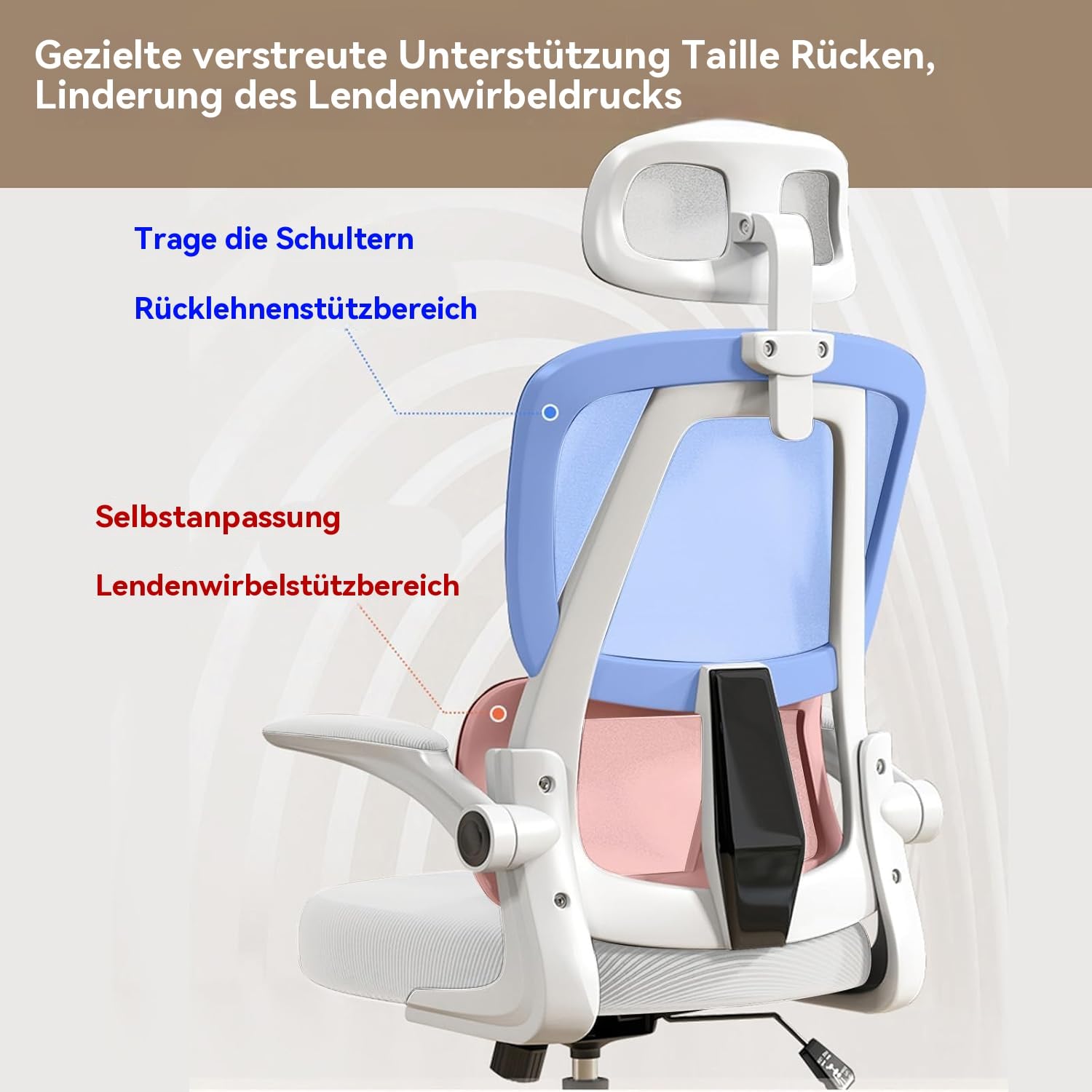 Ergonomischer Bürostuhl - Weiß | Höhenverstellbarer Schreibtischstuhl mit Hochrücken,Mesh und Lendenstütze,Hochklappbaren Armlehnen | Für Homeoffice,Gaming,Studium