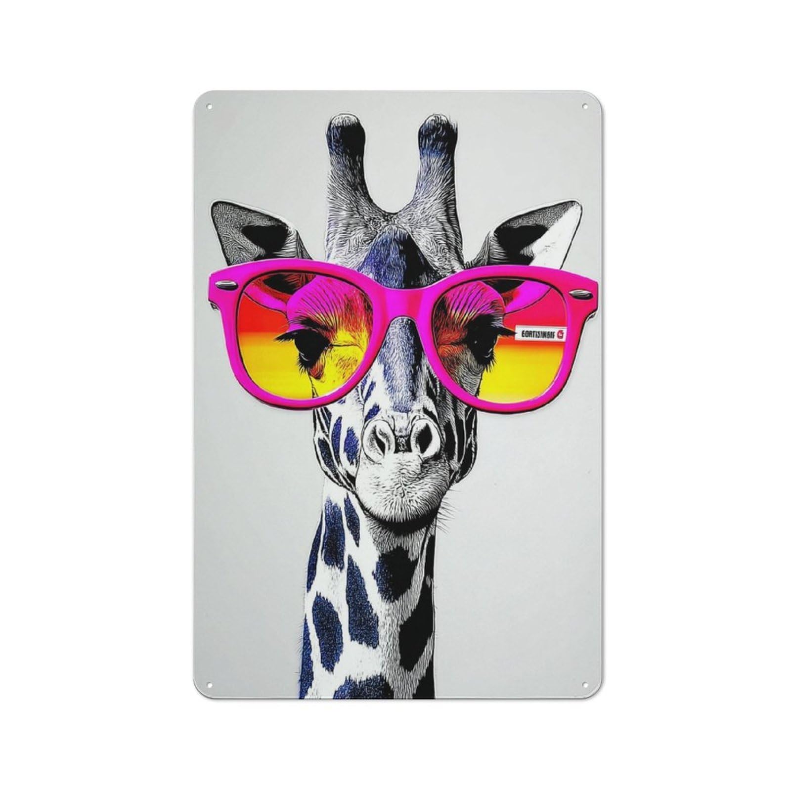 Junmoney Giraffe With Pink Sunglasses Art Print-1 Metal Wall Art Sign 30X20cm, Modern Retro Urban Room Decor For Modern Home, Workshop, Office Or Cafe