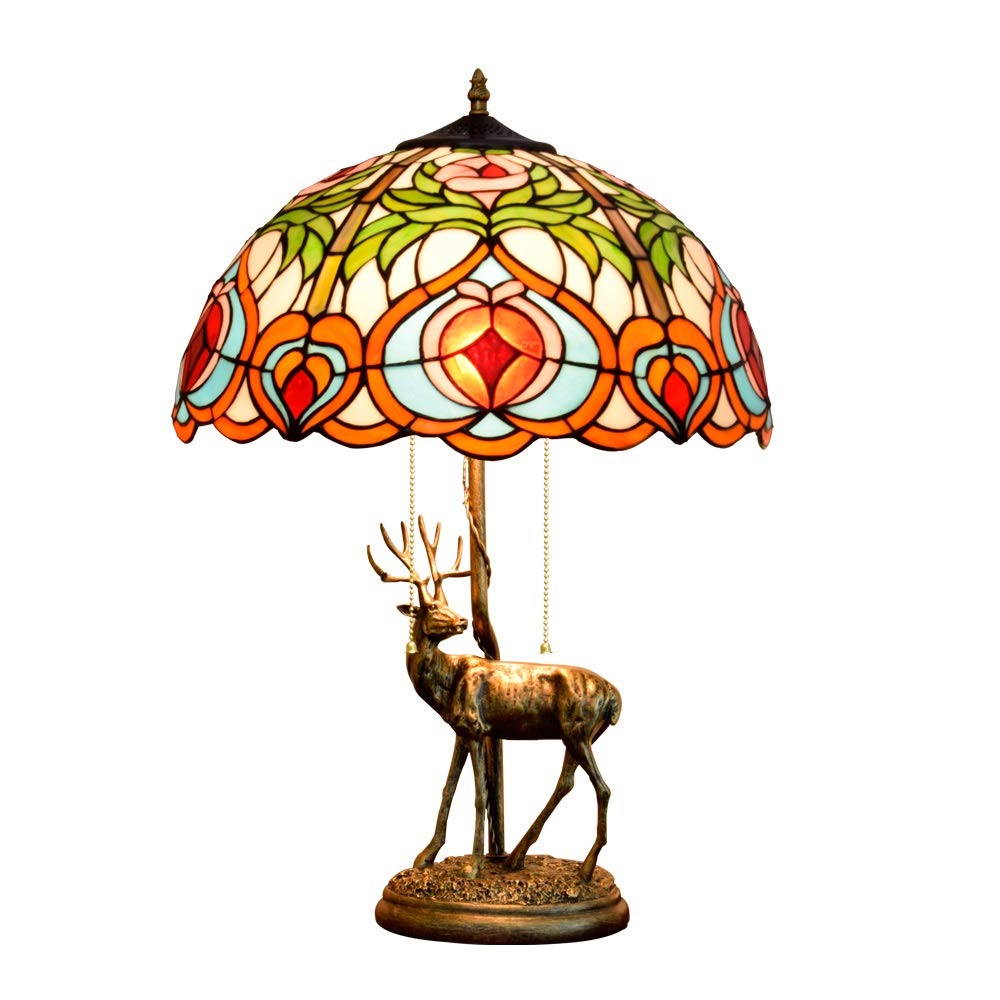 Aioneer 16 Inch Tiffany Stained Glass Table Lamp Elk Retro Fairy Living Room Restaurant Bar Bedroom Bedside Deer Deerlet Fawn Desk Lamp