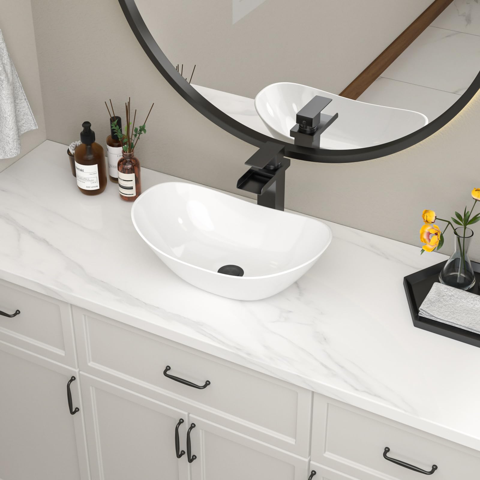 Fregadero ovalado blanco para baños, 17 x 11 pulgadas, diseño moderno de barco, lavabo artístico sobre mostrador, porcelana blanca, fregadero pequeño y profundo