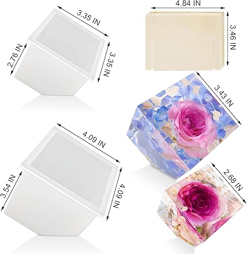 Miniatura 2 de 2 moldes de resina de cubo biselado grande, moldes cuadrados de resina de silicona de 4.09 pulgadas y 3.35 pulgadas con 2 bases de exhibición de