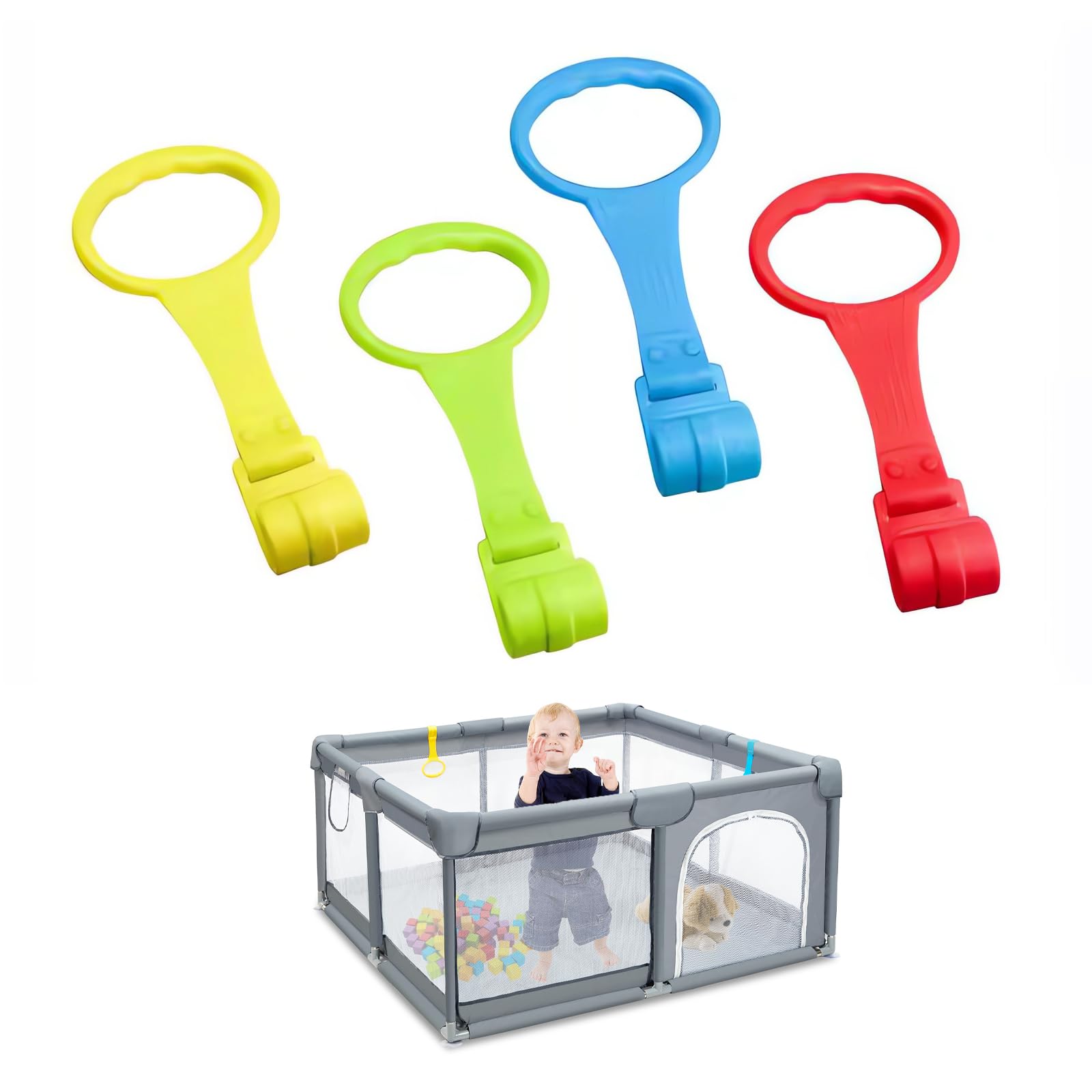 EUYKQNOI Ringe für Kinderbetten, 4 Stück Ringe Baby Hand Ringe Griff Abnehmbarer Handringe gehhilfe baby für Baby Kleinkind für Beinübung Aufstehen Übung in Kinderbetten Reisebetten laufstall