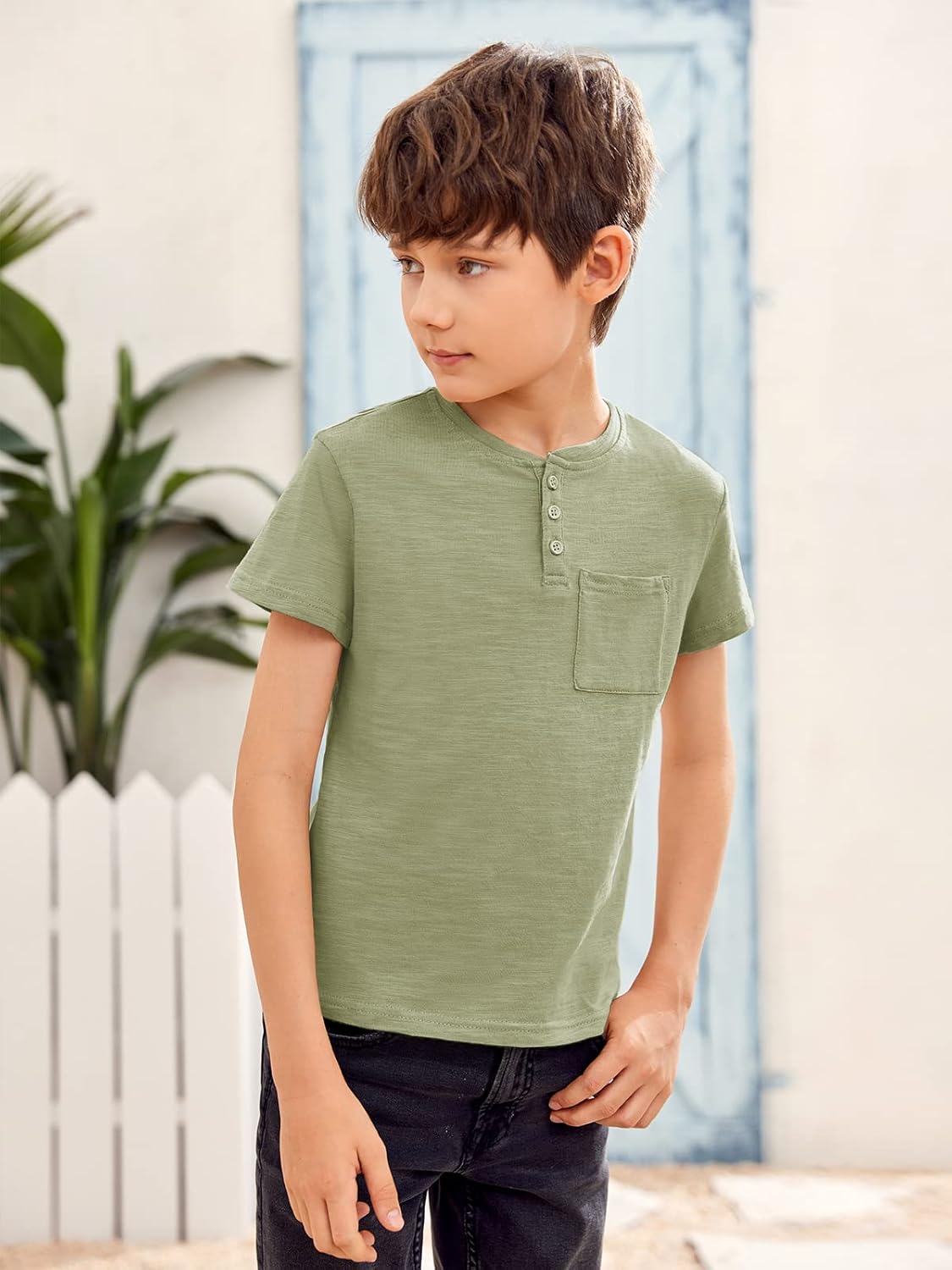 GAMISOTE Kids Boys Henley Shirts Solid Button Down Short Sleeve Pocket Casual Tops Tees - Image 4