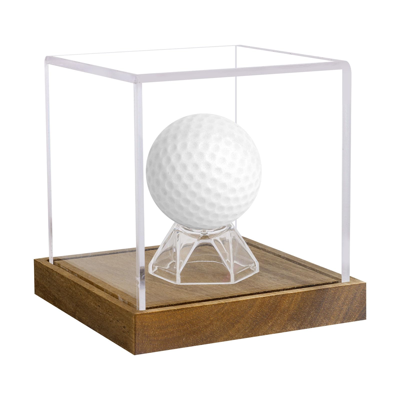 Clear Acrylic Golf Ball Display Case with Wood Base &amp; Acrylic Holder, Memorabilia Stand Cube Holder, Dust Protection Transparent Storage Box for Single Ball Souvenir Golfball Collections
