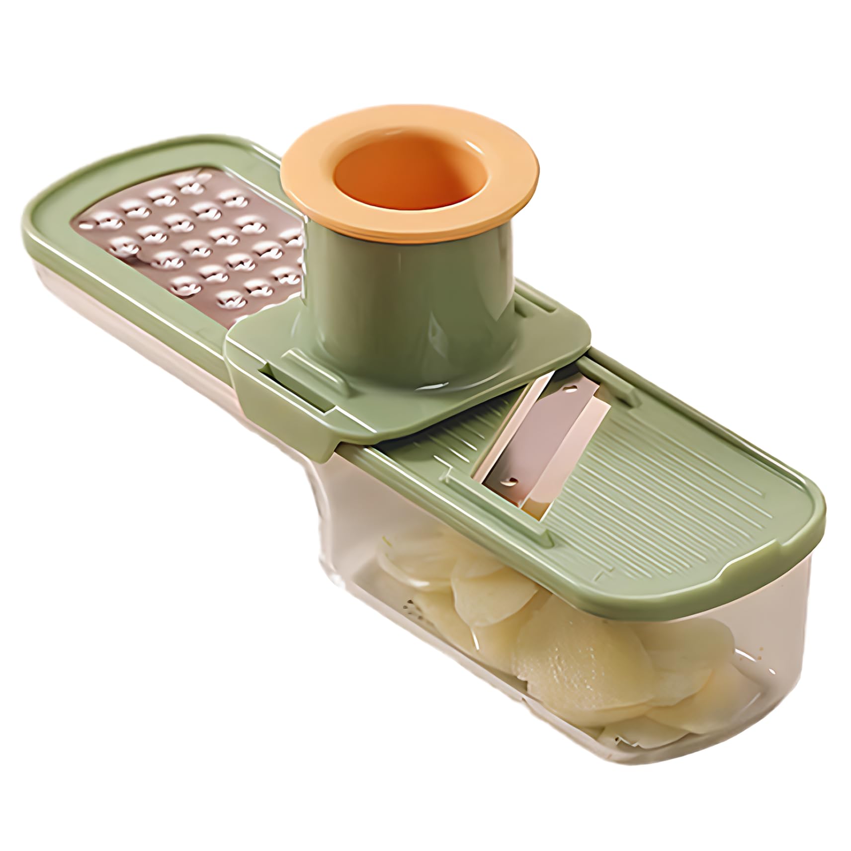 Garlic Slicer Super Thin, Garlic Slicer 3-in-1 Multi-Functional Mini Grinder, Grater with Container and Hand Guard Easy to Clean for Kitchen Green, Thin