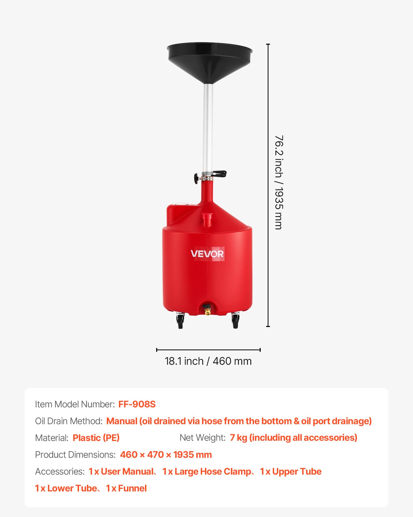 VEVOR Serbatoio di Scarico per Fluidi Industriali, 68 L con Regolabile Imbuto, Ruote, Drenaggio per Trasferimento di Carburante Fluido, per Officine di Riparazione Auto, per Olio Esausto, Rosso