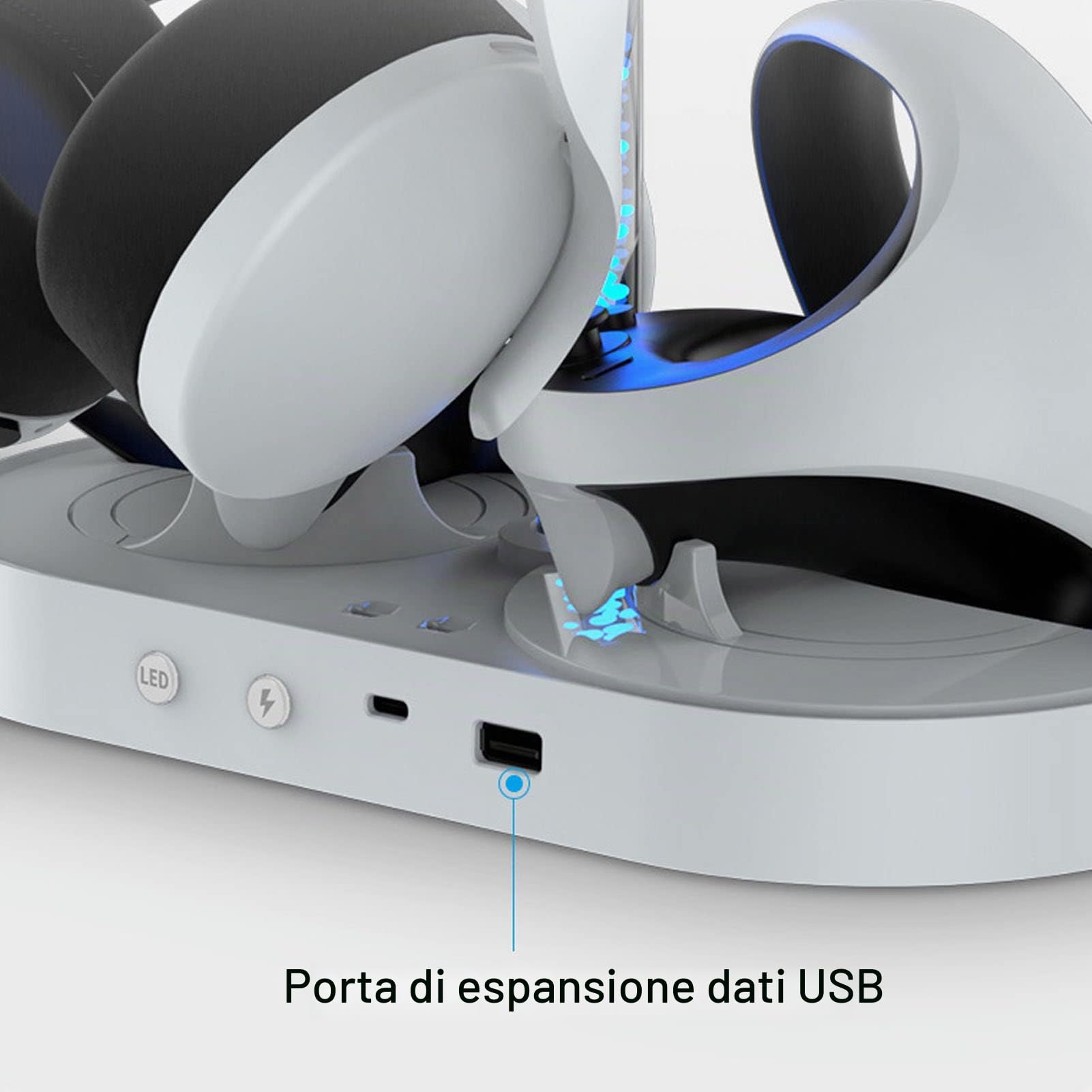 Base di Ricarica Magnetica per VR2 Vontroller e per Console Stazione di Ricarica Rapida USB RGB con Supporto per Cuffie, Supporto di Ricarica PS VR2 Sense con 4 Ventose