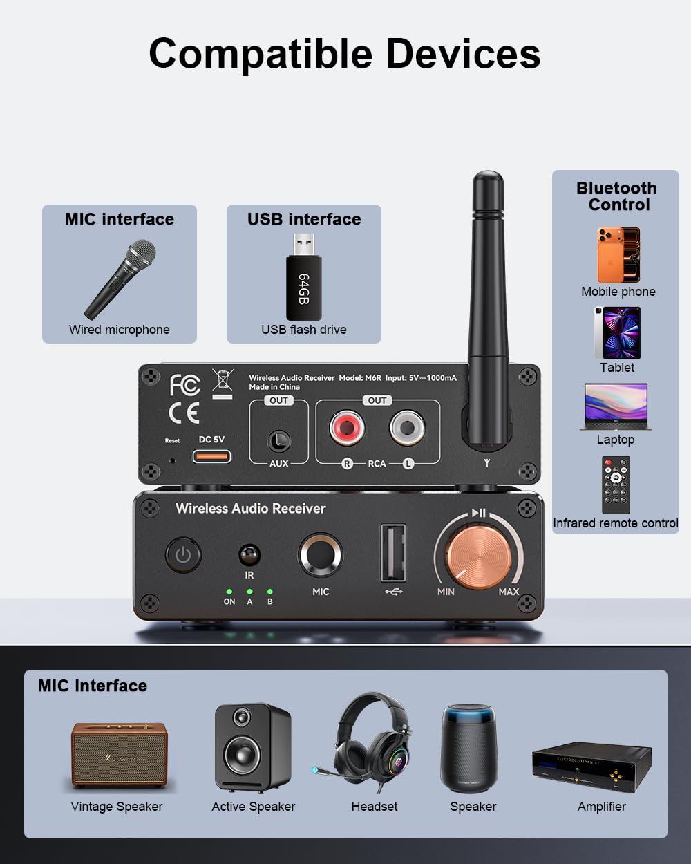 Ricevitore Bluetooth 6.0, adattatore audio wireless ad alta risoluzione con bassa latenza che supporta chiavette USB, jack da 3,5 mm, chiamate, per vecchi stereo/altoparlanti cablati