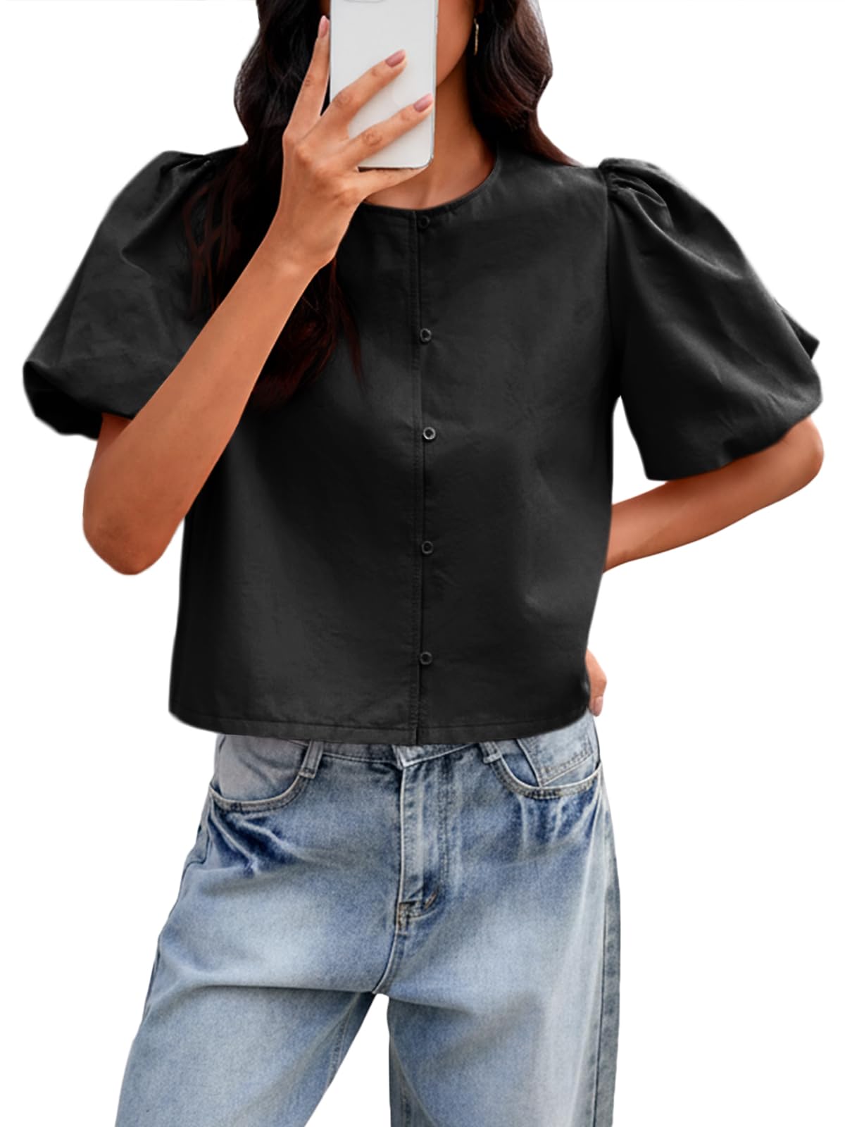 Tankaneo Womens Cropped Tops Puff Sleeve Button Down Shirts Trendy Casual Loose Fit Cute Blouse