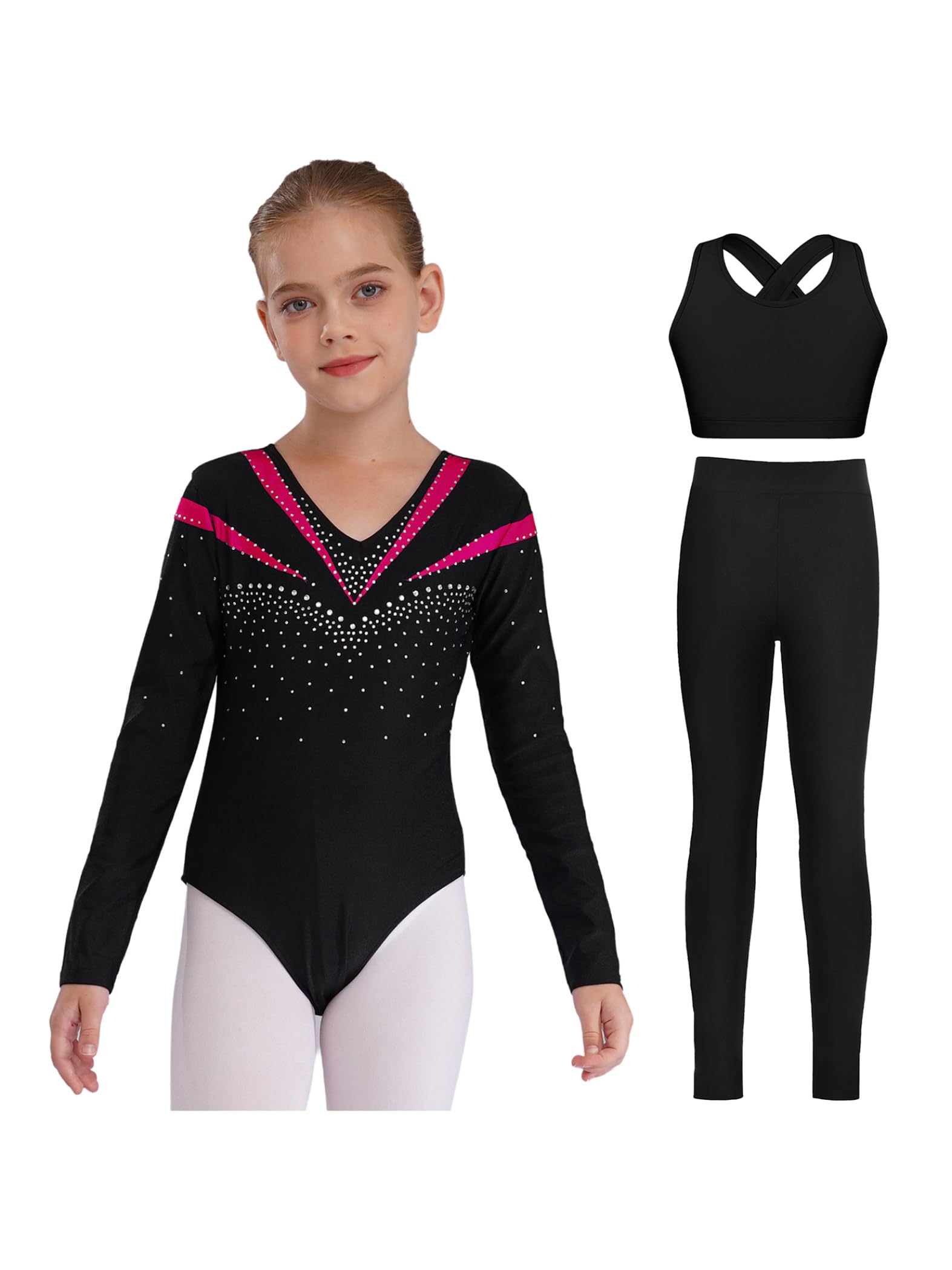 Piezas De Traje De Gimnasia Con Destellos Para Niñas Leotardos De Gimnasia De Manga Larga Tops De Deporte Brasier Y Pantalones Traje De Baile Para Rosa oscuro 11-12 años