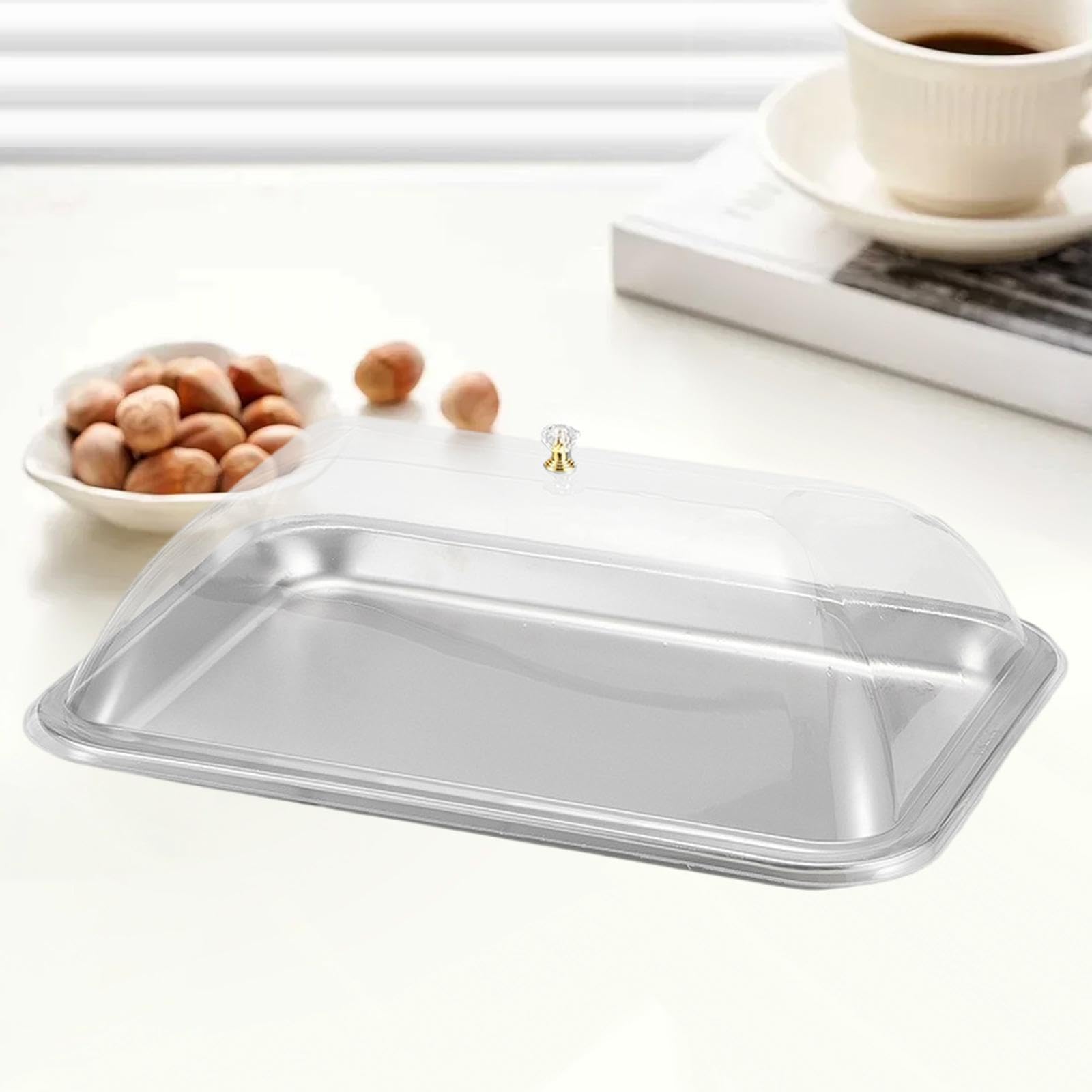 Serviertablett Edelstahl Servierplatte mit Deckel Rechteckige Kuchenplatte Snackplatte mit Staubschutz Vielseitig Verwendbar für Hochzeit Empfang, 40x30x2cm