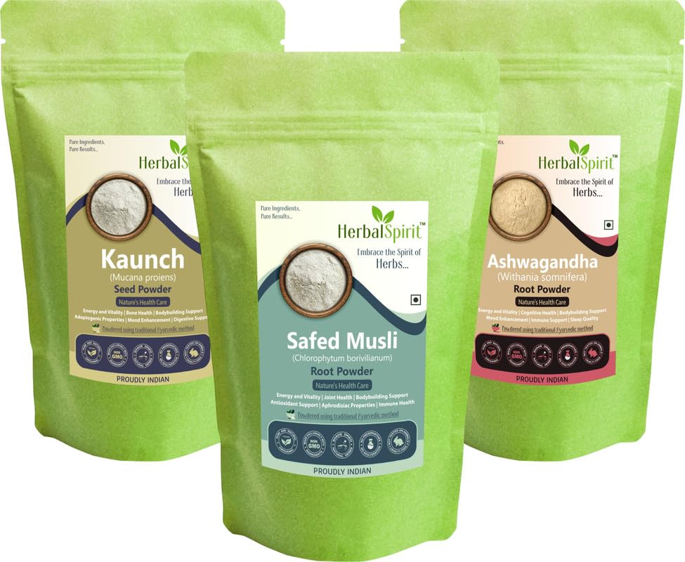 Herbal Spirit Safed Musli Powder, Ashwagandha Powder Organic and Kaunch Beej Powder | Safed Musli Root or White Musli Powder, Konch Beej Powder, Ashwagandha Root Powder | 100gm each (Pack of 3)