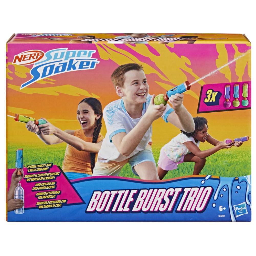 Nerf Super Soaker Bottle Burst Trio | 3 Pump Action Water Toys | Removable 4 Fl. Oz. Capacity Bottles | Kids Outdoor Toys | Ages 6+