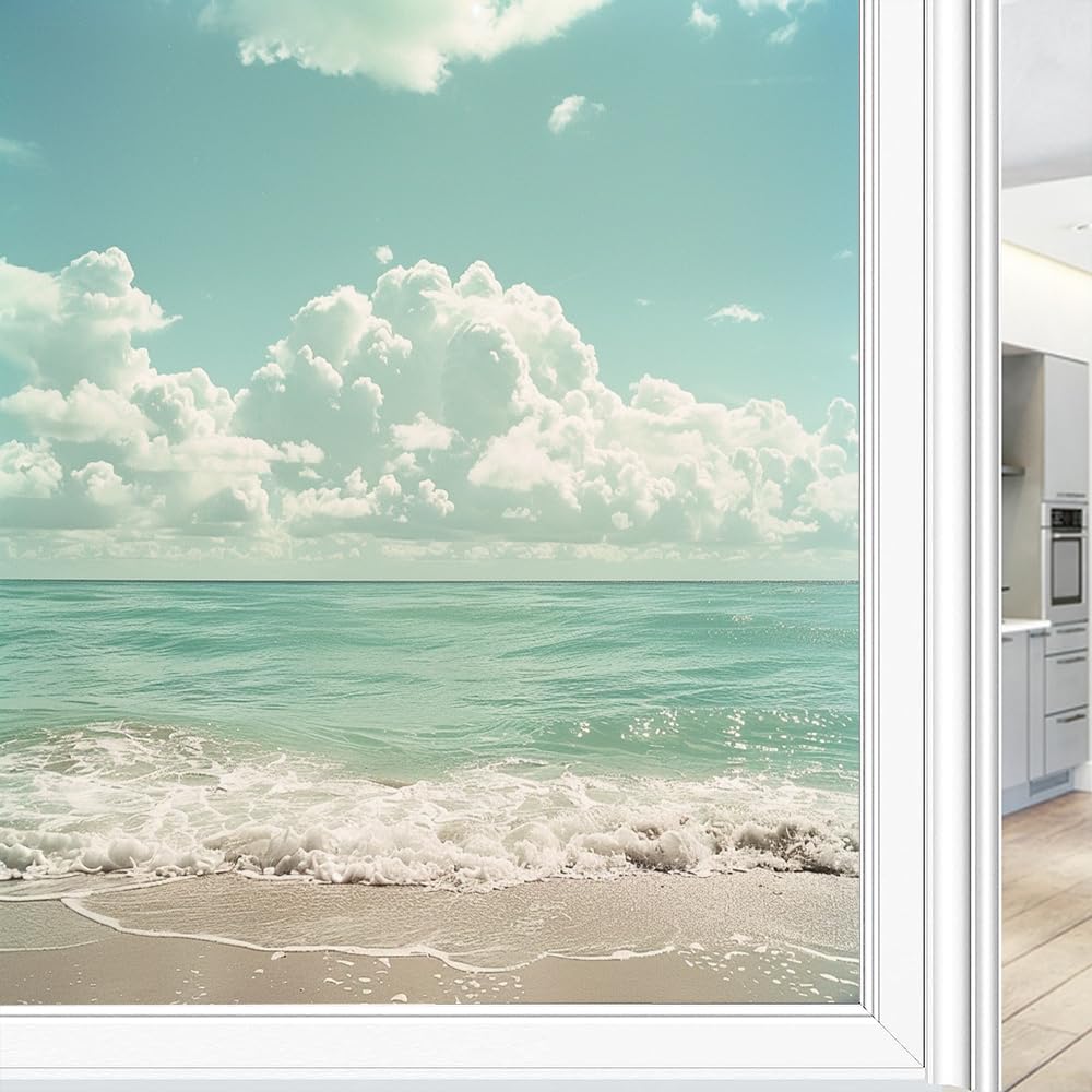 Fyfmushe Modern Ocean View Modern Sea View Stained Glass Window Film, Natural Beautiful Beach Retro Decorative Frosted Glass Privacy Film, Heat Control Static Cling Window Sticker 70X100 Cm