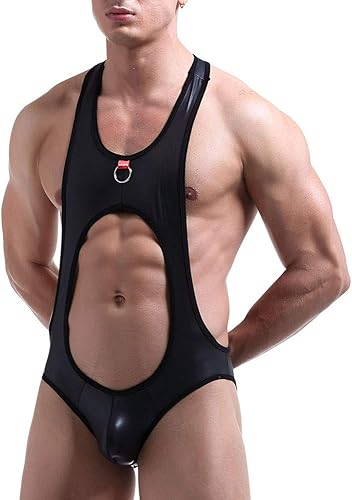 Miniatura 3 de Nzwiluns Lencería de látex para hombre de PVC de piel sintética recortada con correa de lucha libre sexy camiseta sin mangas para gimnasio