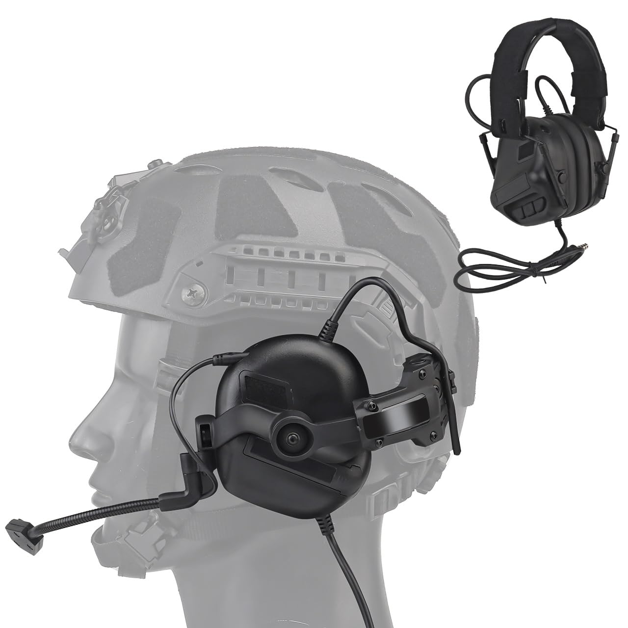 Tactical Fast Helm-Headset, Aktive Geräuschunterdrückung & Sound Pickup Headset (mit 360° Verstellbarem ARC Adapter), Elektronischer Schießohrschutz, Impulslärmschutz(BK)