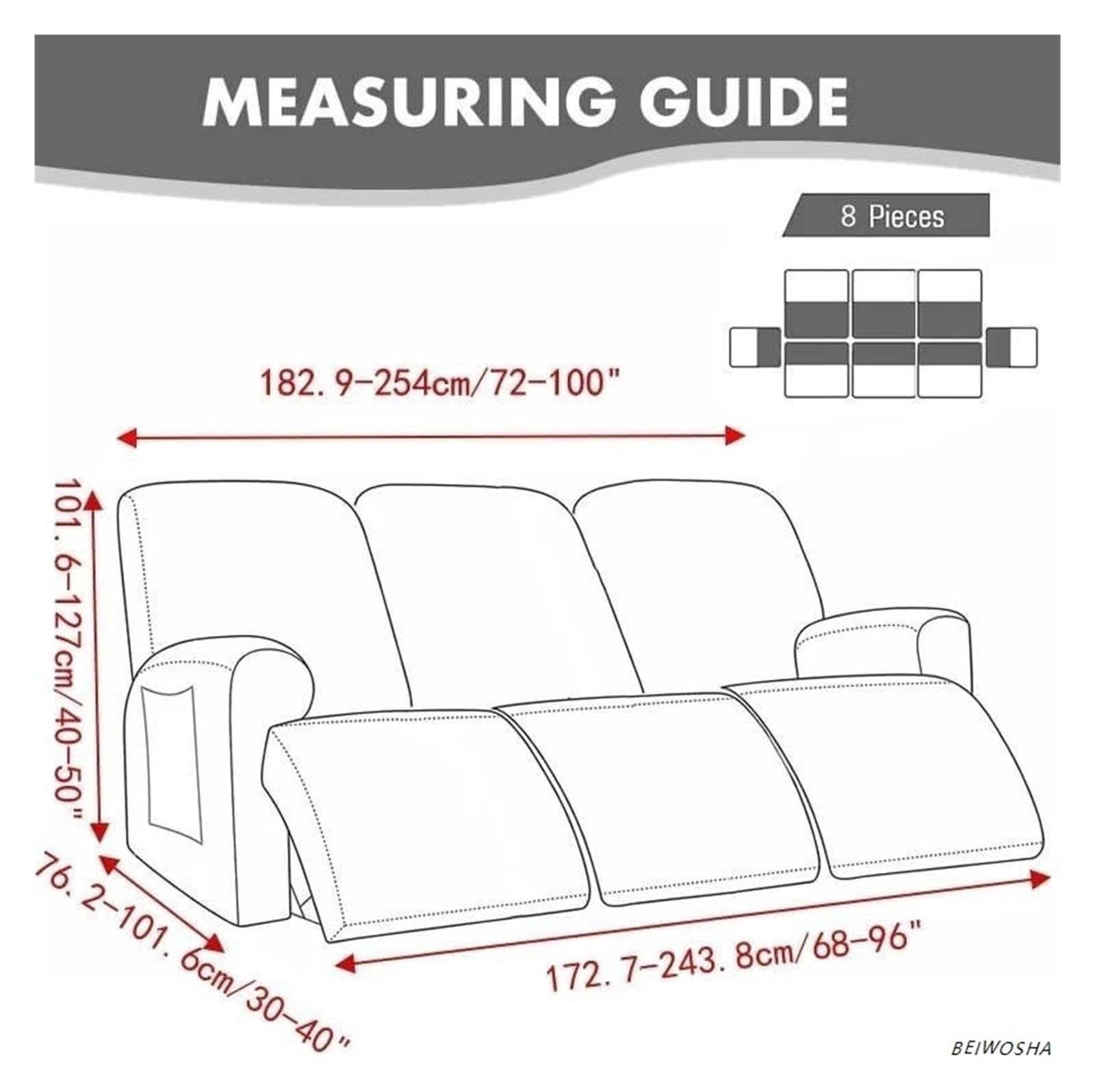 Relax Armchair Cover, 3 Seater, Solid Color Elasticity for Relax Armchair Recliner Cover with Side Pockets, 8 Pieces Removable and Washable Protective Covers(E,3 Seat Cover(8 Pieces))