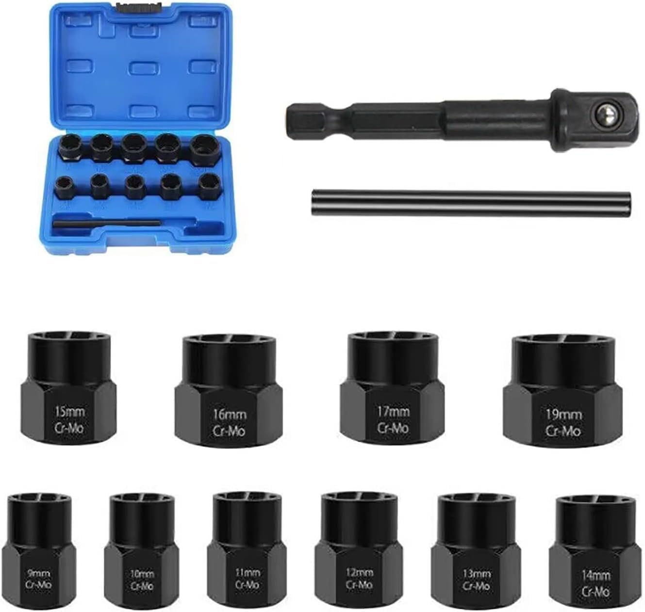 KEWAYO 12 Pieces Impact Bolt and Nut Remover Set, 3/8 Inch Drive Impact Lug Nut Extractor Socket, Easy Out Bolt Extractor Kit, for Removing Broken, Frozen, Rounded Bolt, Nut and Screw