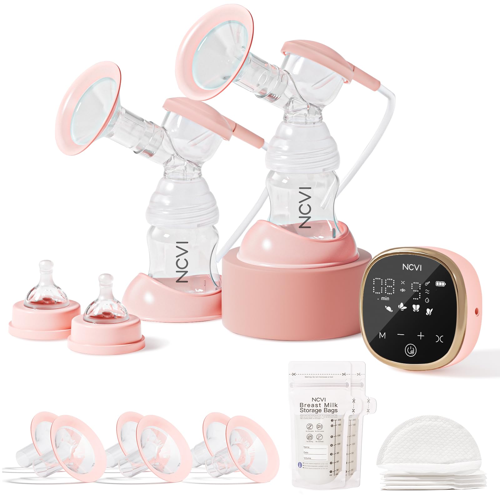 NCVI Double Electric Breast Pump 8782, Portable Anti-Backflow, with 4 Size Flanges, 4 Modes & 9 Levels, LED Display, 10 Breastmilk Storage Bags, Ultra-Quiet and Pain Free Breast Pumps