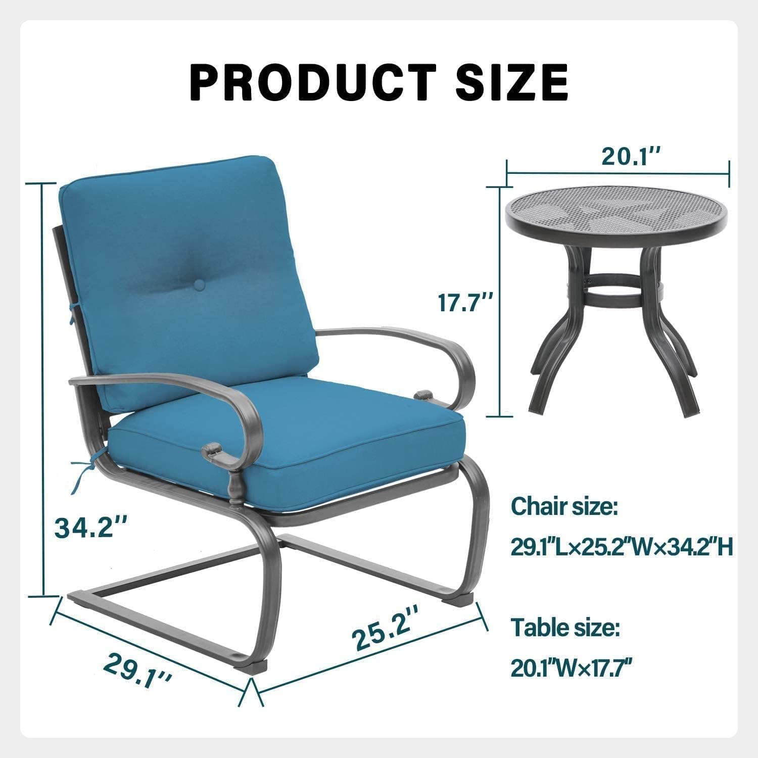 SUNCROWN 3-Piece Outdoor Patio Bistro Set， Spring Motion Chairs and Bistro Round Table Set, Steel Frame Conversation Furniture Set with Cushions（Blue）